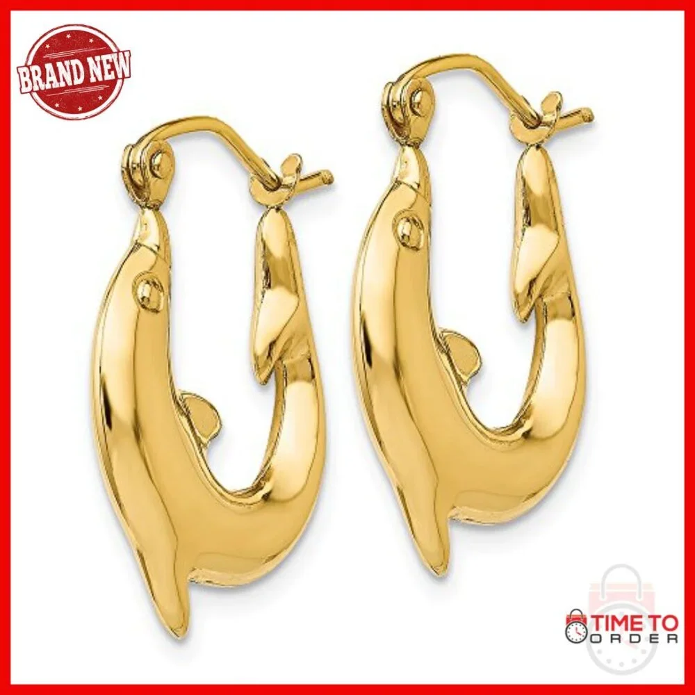 14K Yellow Gold Polished Dolphin Hoop Earrings for Women